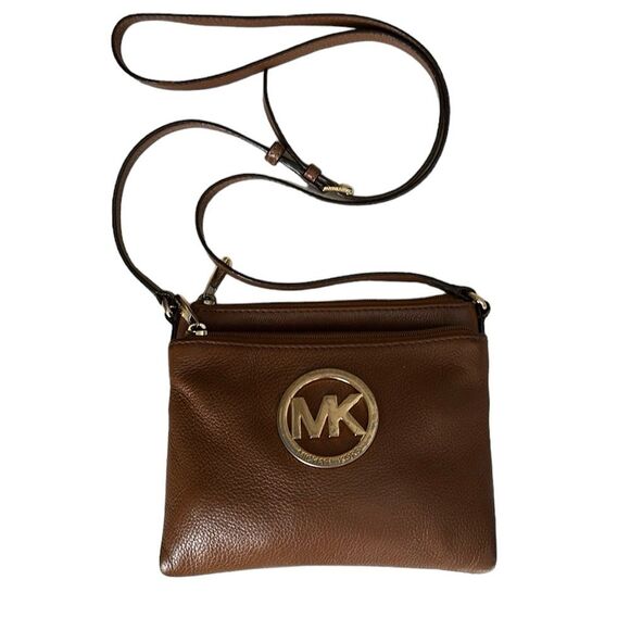 Michael Kors MK Crossbody Brown Leather Gold Hardware button/zip close - Picture 1 of 12